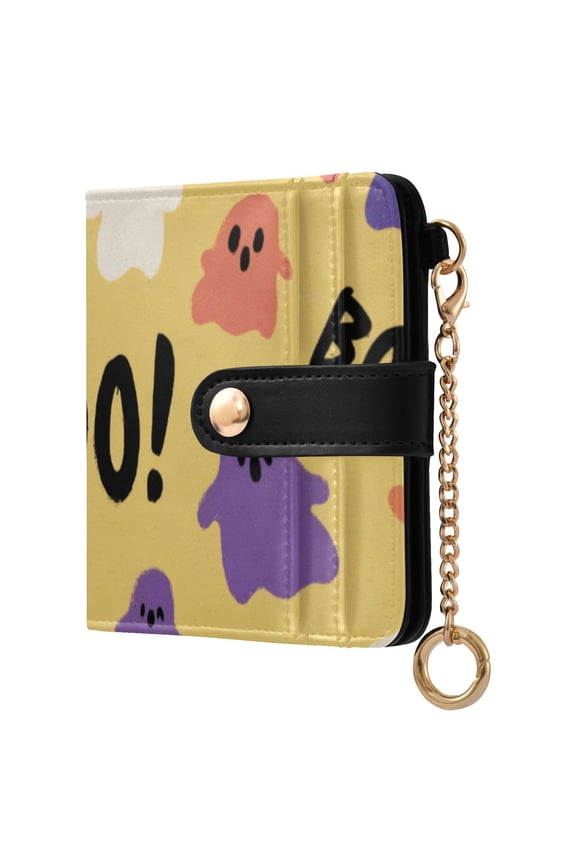 Purple Orange White Specters with Halloween Boo Women's Wallet PU Leather Card Cases RFID Blocking Purse Billfold with Key Ring
