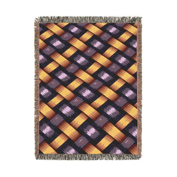 Purple, Orange and Gold Interlaced Ribbon Woven Blanket, 100% Cotton, Geometric Style for Living Room