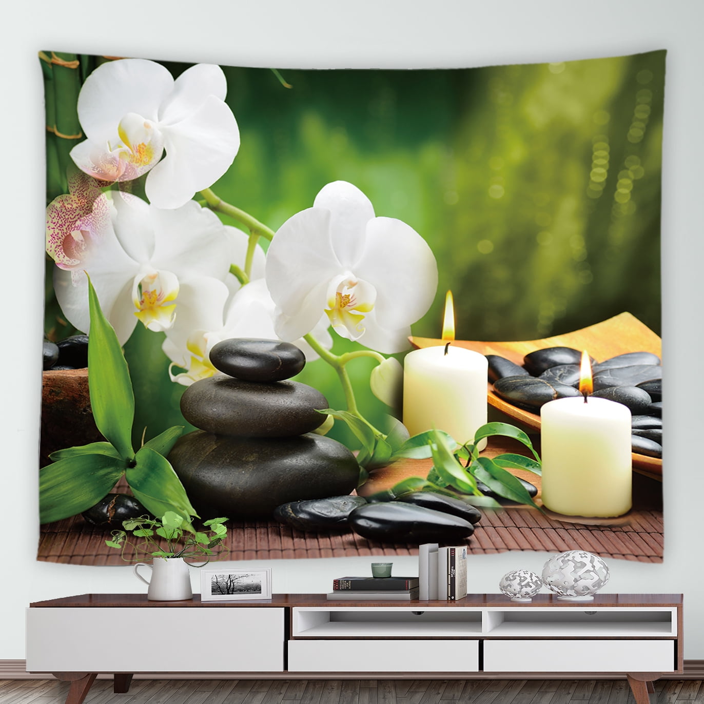 Purple Orchid Candle Black Stone Tapestry Green Bamboo Leaves Zen