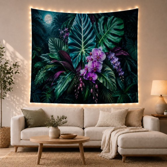 Purple Orchids and Tropical Leaves Under Moonlight, Dreamy Watercolor Style for Flower Lovers, Botanical Wall Art, New Home Gift, Tapestry Wall Hanging for Bedroom and Dorm