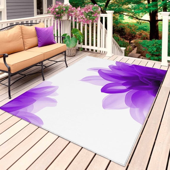 Purple Outdoor Rug for Patio/Deck/Porch, Non-Slip Large Area Rug 3 x 5 Ft, Boho Modern Floral Abstract Ombre Leaf White Indoor Outdoor Rugs Washable Area Rugs, Reversible Camping Rug Carpet Runner