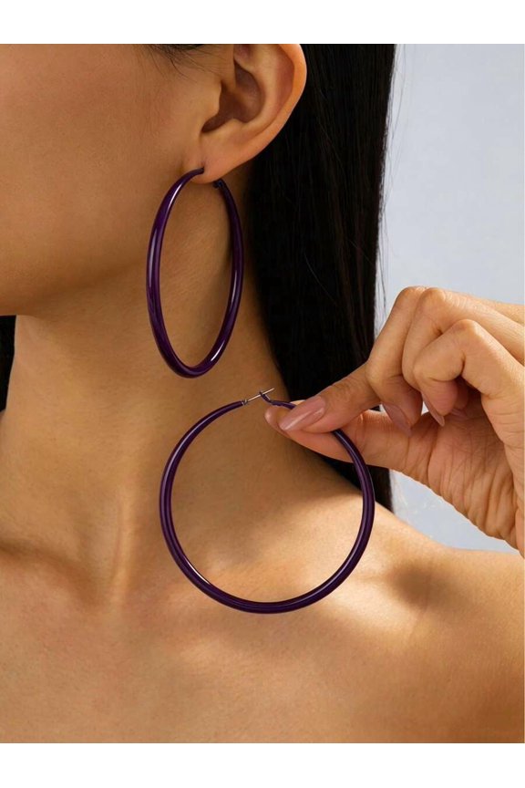 Purple Oversized Glossy Hoop Earrings With Hinge Back Closure