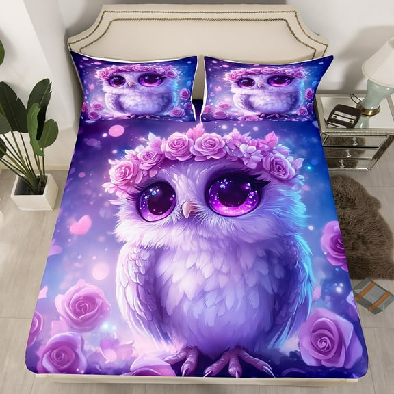 Purple Owl Twin Fitted Sheet Cute Bird Bed Sheets Teens Florals Decor Bed Set,Woodland Animal Sheets(No Top Sheet)