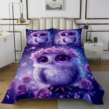 Purple Owl Twin Quilt Set Cute Bird Bedspread Set Teens Florals Decor Coverlet SetWoodland Animal Bed Set