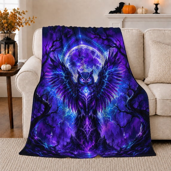 Purple Owl with Wide Wings Blue Lightning Moon and Twisted Trees, Dramatic Fantasy Wildlife Art for Owl Lovers, Warm Flannel Blanket for Bedroom and Reading Nook, Halloween Gift, Home Decor