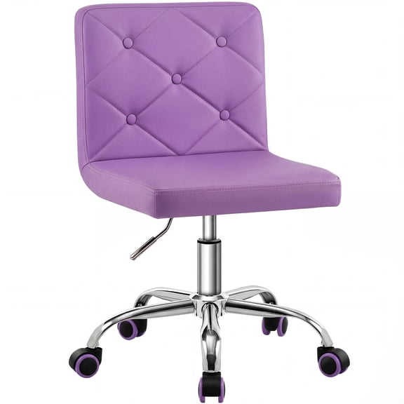 Purple PU Leather Mid-Back Armless Vanity Chair With Tufted Back, Adjustable Height, 360 Swivel Base For Home Office
