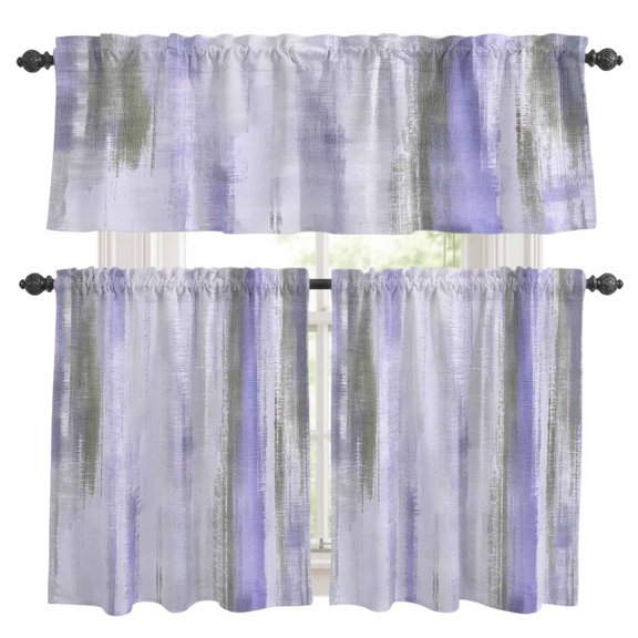 Purple Paint Kitchen Curtains Set for Windows, Modern Abstract Lavender Purple Stripes Curtains Valance and Tier 3 Piece Set Small Drapes 36 Inch Length for Kitchen Bedroom Decor