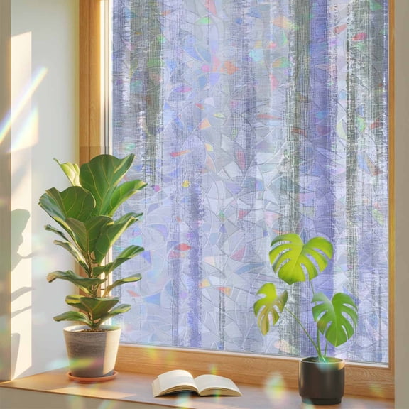 Purple Paint Window Privacy Film, Modern Abstract Lavender Purple Stripes Stained Glass Rainbow Film Decorative Window Clings, Static Cling Sun Blocking Stickers 23.6" x 59"