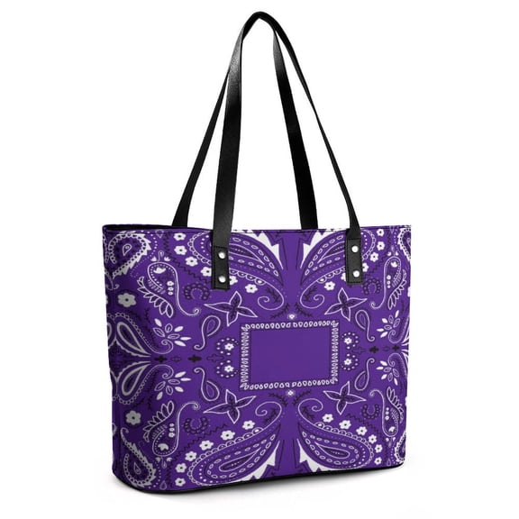 Purple Paisley Bandana Pattern Woman Leather Handbags Large Tote Bag Fashion Portable Handbags With Zipper
