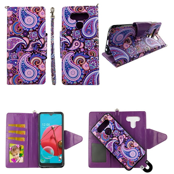 Purple Paisley Case for LG Stylo 6 2020 Magnetic Detachable Pu Leather Wallet Cover Flap Closure Snap-on Book Style Cases Card Holders Wrist Strap 2 in 1 Folio