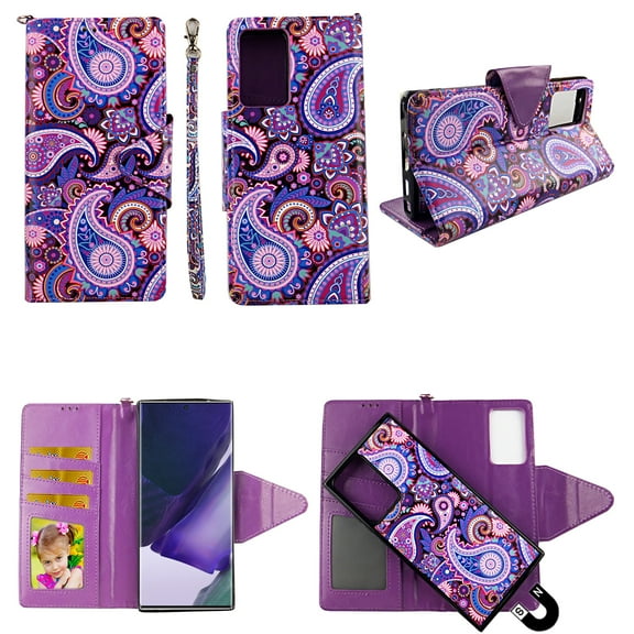 Purple Paisley Case for Samsung Galaxy Note 20 Ultra Magnetic Detachable Pu Leather Wallet Cover Flap Closure and Snap-on Book Style Cases Card Holders Wrist Strap 2 in 1 Folio