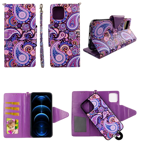 Purple Paisley Case for iphone iPhone 12 Pro Magnetic Detachable Pu Leather Wallet Cover Flap ClosureSnap-on Book Style Cases Card Holders Wrist Strap 2 in 1 Folio