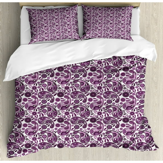 Purple Paisley Duvet Cover Set Queen Size, Ethnic Inspired Illustration with Floral Leafy Artsy, Decorative 3 Piece Bedding Set with 2 Pillow Shams, Pale Purple Dark Purple Plum White, by Ambesonne