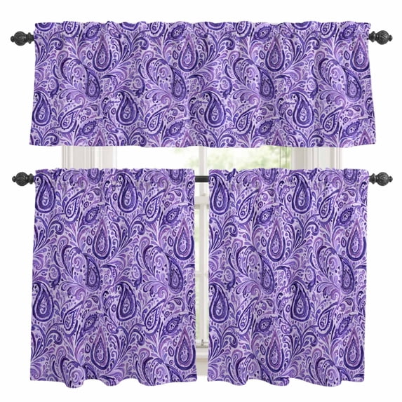 Purple Paisley Floral Kitchen Curtains Valances and Tiers Set of 3 Retro Abstract Watercolor Paisley Floral Tier Curtains and Valance with Rod Pocket for Small Windows, 27.5"x36"