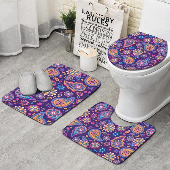 Purple Paisley and Floral Pattern Bathroom Rugs Sets 3 Piece,Toilet Cover Set,Absorbent Non Slip Bathroom Mats Sets with U-Shaped Contour Rug Toilet Rug Set