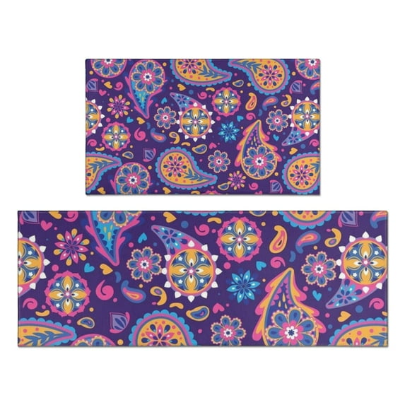 Purple Paisley and Floral Pattern Kitchen Rugs Sets Of 2,Anti Fatigue Kitchen Mat Rugs Non Slip Washable,Decorative Kitchen Floor Mats for Kitchen,Sink,Laundry,17"x30"+17"x47"