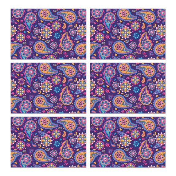 Purple Paisley and Floral Pattern Summer Placemats Table Placemats Set Of 6-Linen Kitchen Washable Placemats Table Mats 11.8"x17.7" Non-Slip Heat Resistant