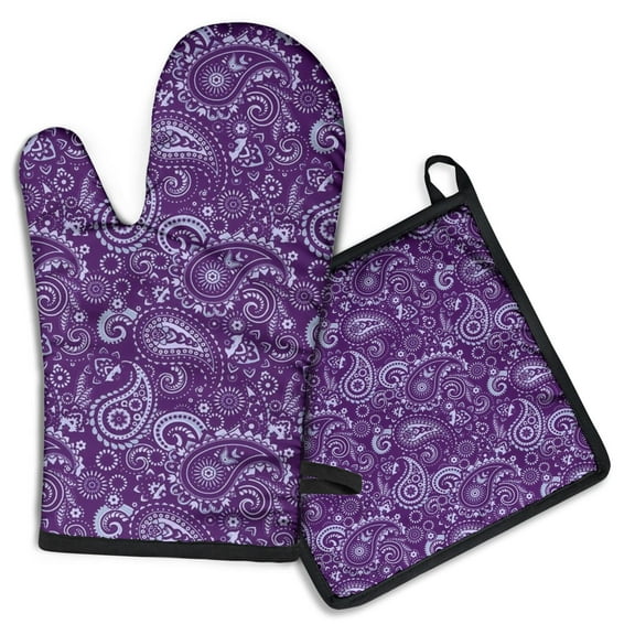 Purple Paisley Pattern Kitchen Oven Mitt and Pot Holder Sets 2 Pcs for Baking, Cooking and Grilling, Heat Resistant Up To 392 °F