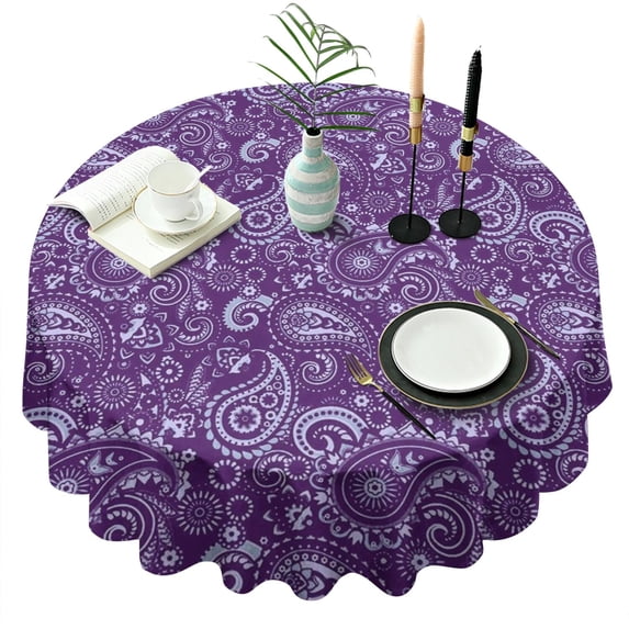 Purple Paisley Pattern Round Tablecloth 60"x60",Wrinkle Wipeable Table Cloth for Kitchen Dining Room Picnic Patio Party