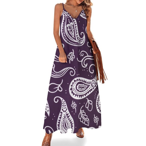 Purple Paisley Pattern White Design Elegant Textile Sleeveless Dress Woman Fashion Long Dresses Women's Summer Suit Dress Summer 2025 Women