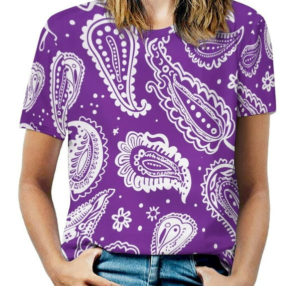 Purple Paisley Pattern White Design Textile Fabric Women's Short Sleeve Tops Casual Blouses T Shirt