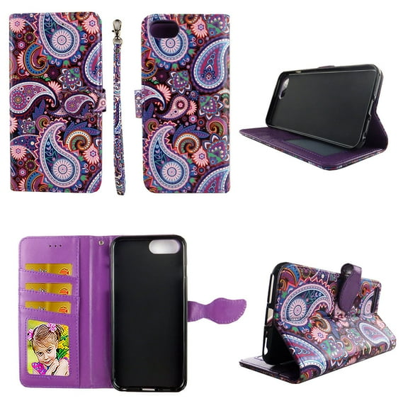 Purple Paisley Wallet Case for iPhone 6 Plus / 6s Plus  / 7 Plus / 8 Plus Folio Standing Cover Card Slot Money Pocket Magnetic Closure Fashion Flip Pu Leather