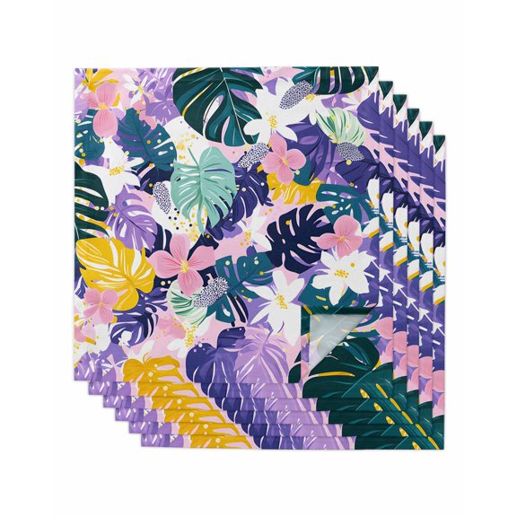 Purple Palm Leaf Cloth Napkins Set of 6 Reusable Dinner Napkins, Tropical Flower Summer Boho Botanical Cocktail Napkin Washable Table Napkins for Wedding/Holiday Party/Baby Shower 20"x20"