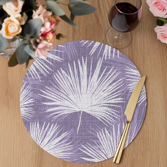 Purple Palm Leaf Round Braided Placemats Set of 6, Summer Country Minimalist Abstract Tropical Leaves Heat Insulation Place Mats Washable Non-Slip Table Mats for Kitchen Dining Party, 13 Inches