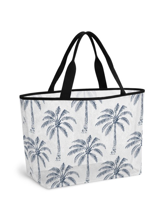 Purple Palm Tree Beach Bag for Women, Large Breathable Mesh Beach Tote Bag, Tropical Summer Botanical Forest Modern Sandproof Lightweight Travel Bags for Vacation Picnic Swimming Pool