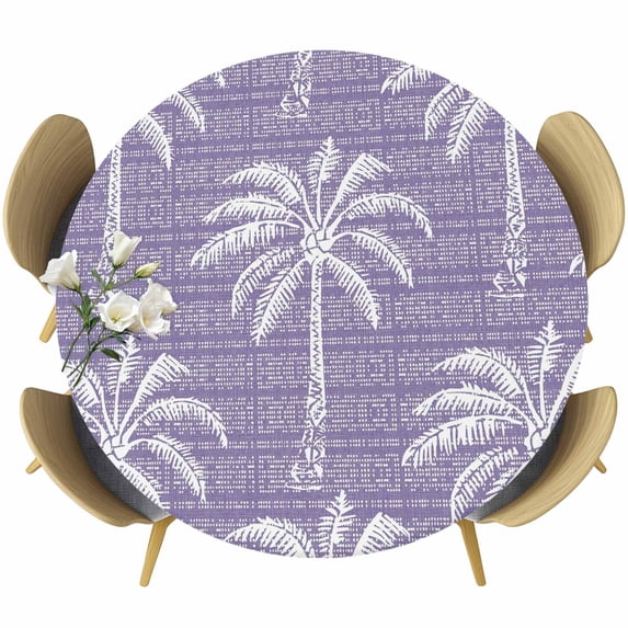 Purple Palm Tree Round Tablecloth 55-60 Inch Round Fitted Table Cloth with Elastic Edge, Summer Botanical Tropical Tree Waterproof Table Cover Protector for Outdoor Picnic Party Dining