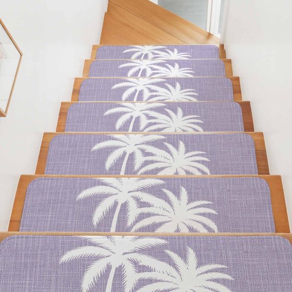 Purple Palm Tree Stair Treads Non Slip for Steps Summer Tropical Beach Country Tree Leaf Linen Texture 10 Pcs Reusable Adhesive Stair Runner Mats for Pet Carpet Treads Rugs for Staircase 8x30 In
