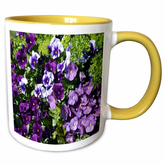 3drose, Purple Pansies Spread of Purple Flowers, 11oz Two-tone Yellow Mug