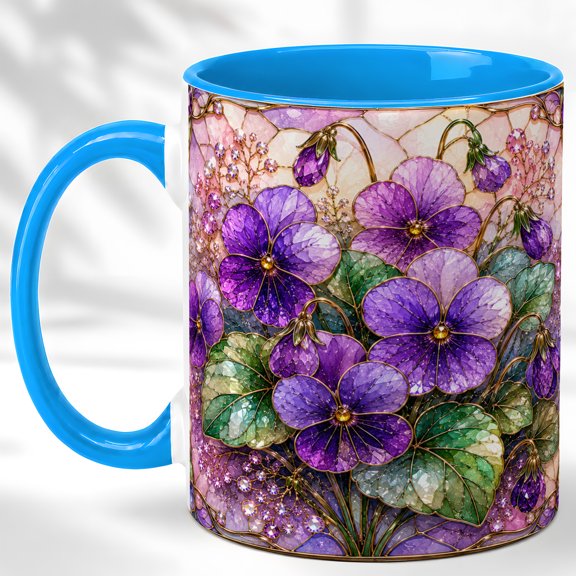 Purple Pansy Coffee Mug, Stained Glass Flower Mug, Ceramic 11 oz