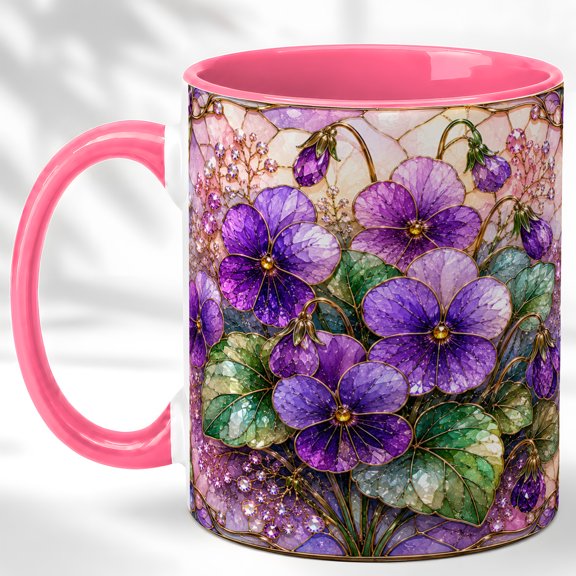 Purple Pansy Coffee Mug, Stained Glass Flower Mug, Ceramic 11 oz