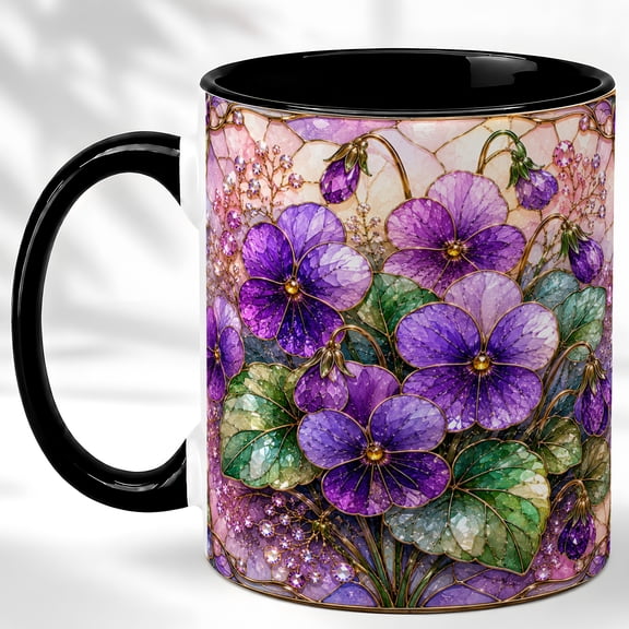 Purple Pansy Coffee Mug, Stained Glass Flower Mug, Ceramic 11 oz