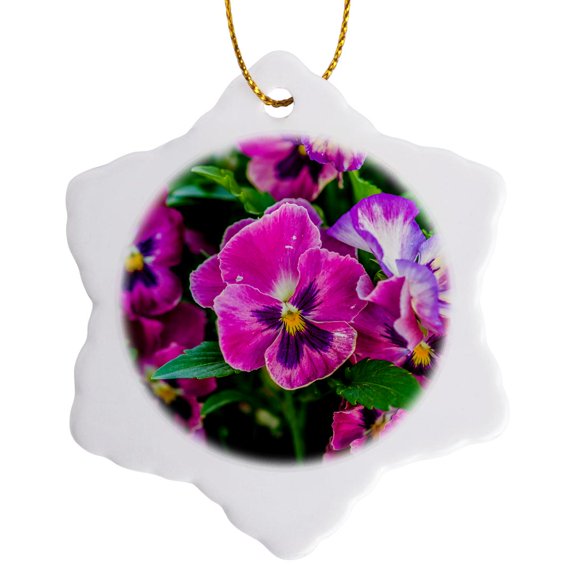 3drose, Purple Pansy Flowers, Green Leaves, Spring Scene, 3 inch Snowflake Porcelain Ornament