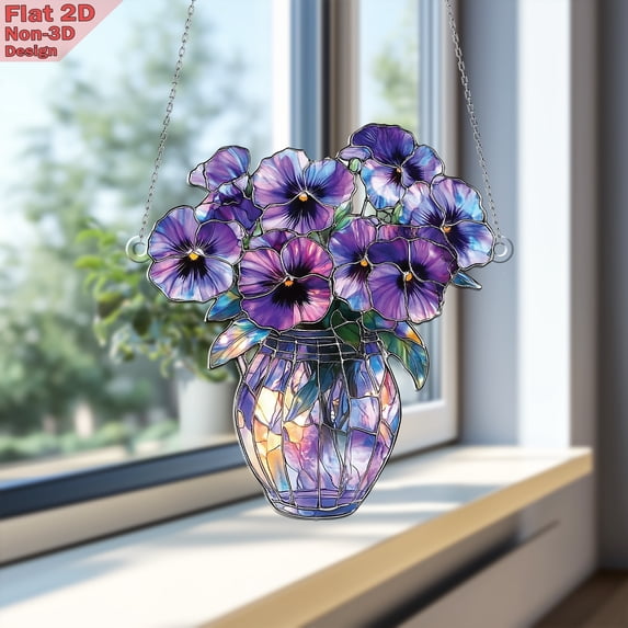 Purple Pansy Flowers in Vase Window Hanging Acrylic Decor, Flat 2D Sun Catcher Ornament, Colorful Floral Decoration, Vibrant Garden Gift, Nature-Inspired Window Accent for Home