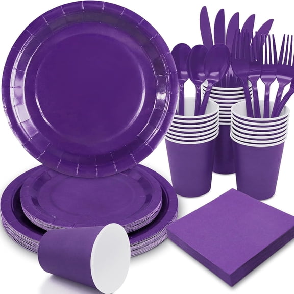 Purple Paper Plates Party Supplies, 168pcs Purple Plates and Cups and Napkins Set for Mardi Gras, Birthday, Halloween, Graduation Parties