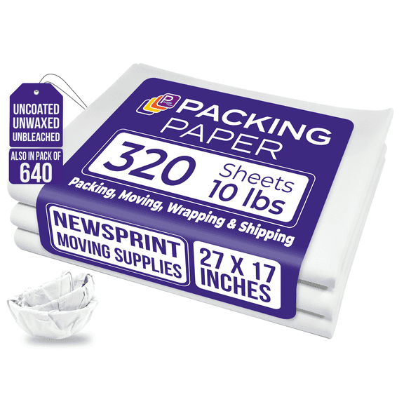 Purple Papers White Bulk Packing Paper | 320 Sheets | 27" x 17" | 10 lb | Sheets for Moving - Newsprint Paper - Must Have in Your Moving Supplies | Newsprint Papers | Packaging Paper