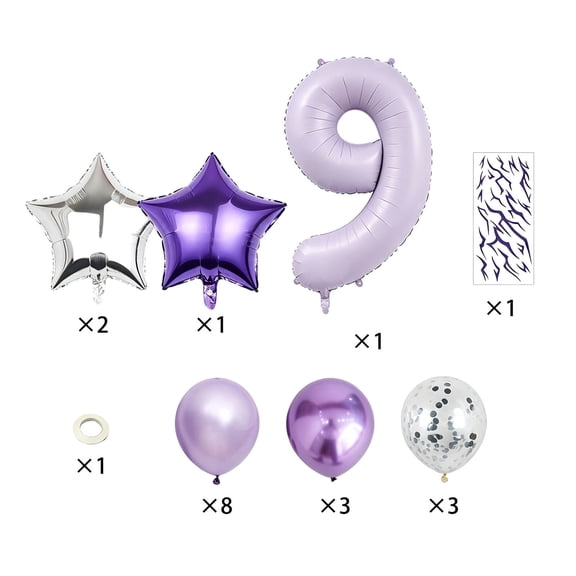Purple Party Balloons, Number Foil Balloon Set, Birthday Decoration Kit with Star Balloons