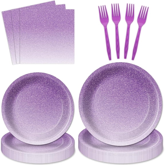 Purple Party Decorations Birthday Tableware Sets Lilac Lavender Paper Plates Napkins Forks Light Pastel Purple Wedding Disposable Dinnerware Table Party Supplies Favors