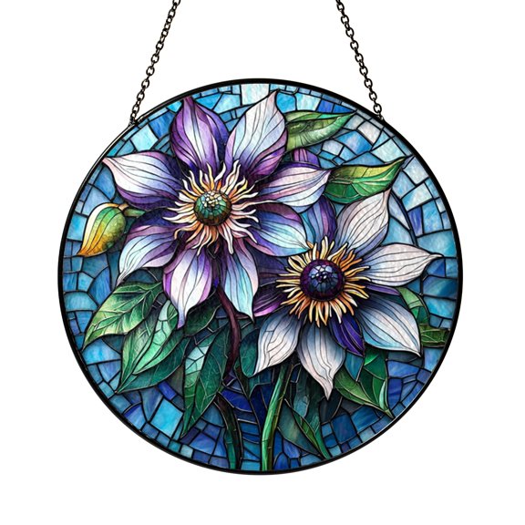 Purple Passion Flower Stained Glass Suncatcher, Round Floral Window Hanging Panel, Botanical Art Home Decor Gift with Vibrant Glass Design