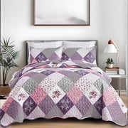 Grid Patchwork Quilt Set Queen Size 3 Pcs Purple Bedspread Lightweight Adult96"x 90"