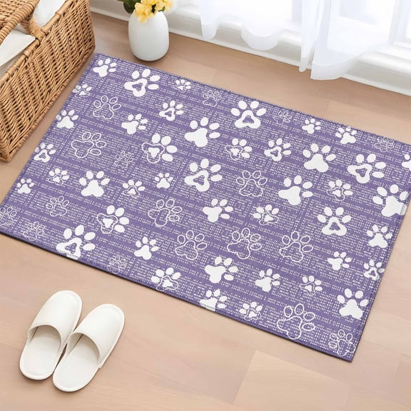 Purple Paw Print 2'x3' Rug for Entryway Front Door Kitchen Sink Area, Modern Classic Purple White Animal Large Paw Pattern Plaid Low Pile Non Slip Rectangle Area Rug, Machine Washable Indoor Mat