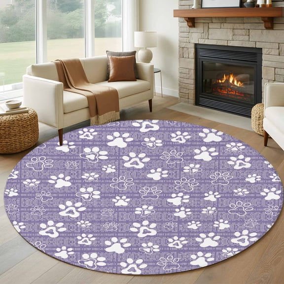 Purple Paw Print 7' Round Rug for Living Room Conversation Area, Modern Classic Purple White Animal Large Paw Pattern Plaid Non Slip Large Circle Area Rug, Machine Washable Indoor Outdoor Mat