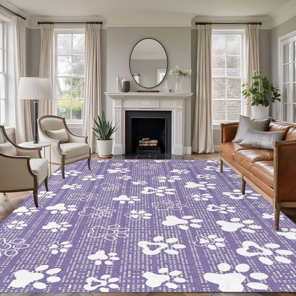 Purple Paw Print 8'x10' Large Area Rug for Living Room Sectional Sofa, Modern Classic Purple White Animal Large Paw Pattern Plaid Non Slip Low Pile Rectangle Area Rug, Machine Washable Indoor Mat