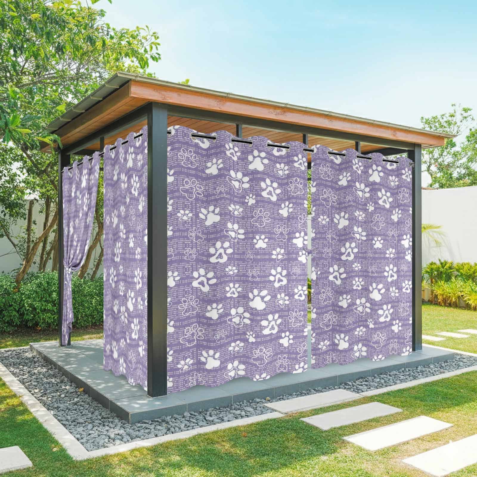 Purple Paw Print Outdoor Curtains for Patio, Modern Classic Purple White Animal Large Paw Pattern Plaid Sunshade Privacy Drapes Grommet Waterproof Outside Curtains for Porch Balcony 54"x108", 1 Panel