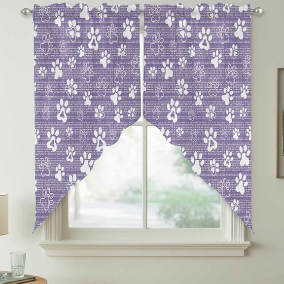 Purple Paw Print Swag Kitchen Curtain Valances, Modern Classic Purple White Animal Large Paw Pattern Plaid Rod Pocket Curtains Window Treatment Decor Valances for Bedroom, 2 Panels 36x36 Inch