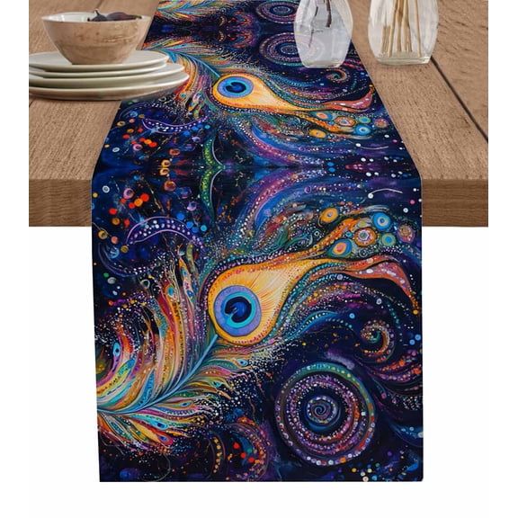Purple Peacock Feather Burlap Cotton Table Runner 13x70 Inches Long, Abstract Colorful Farmhouse Table Runners, Outdoor Dining Tablecloths Decor for Baby Shower/Party/Wedding