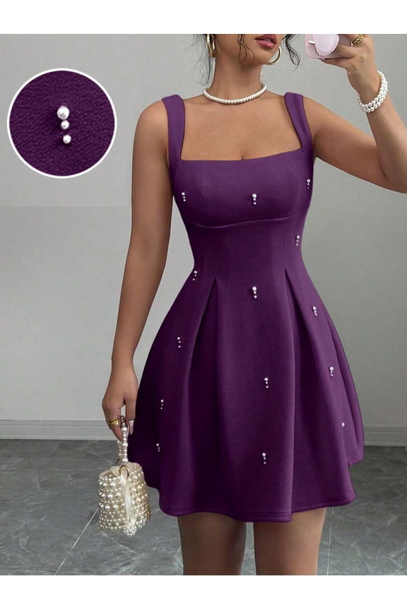 Purple Pearl-Embellished Square Neck Sleeveless Fit & Flare Mini Dress